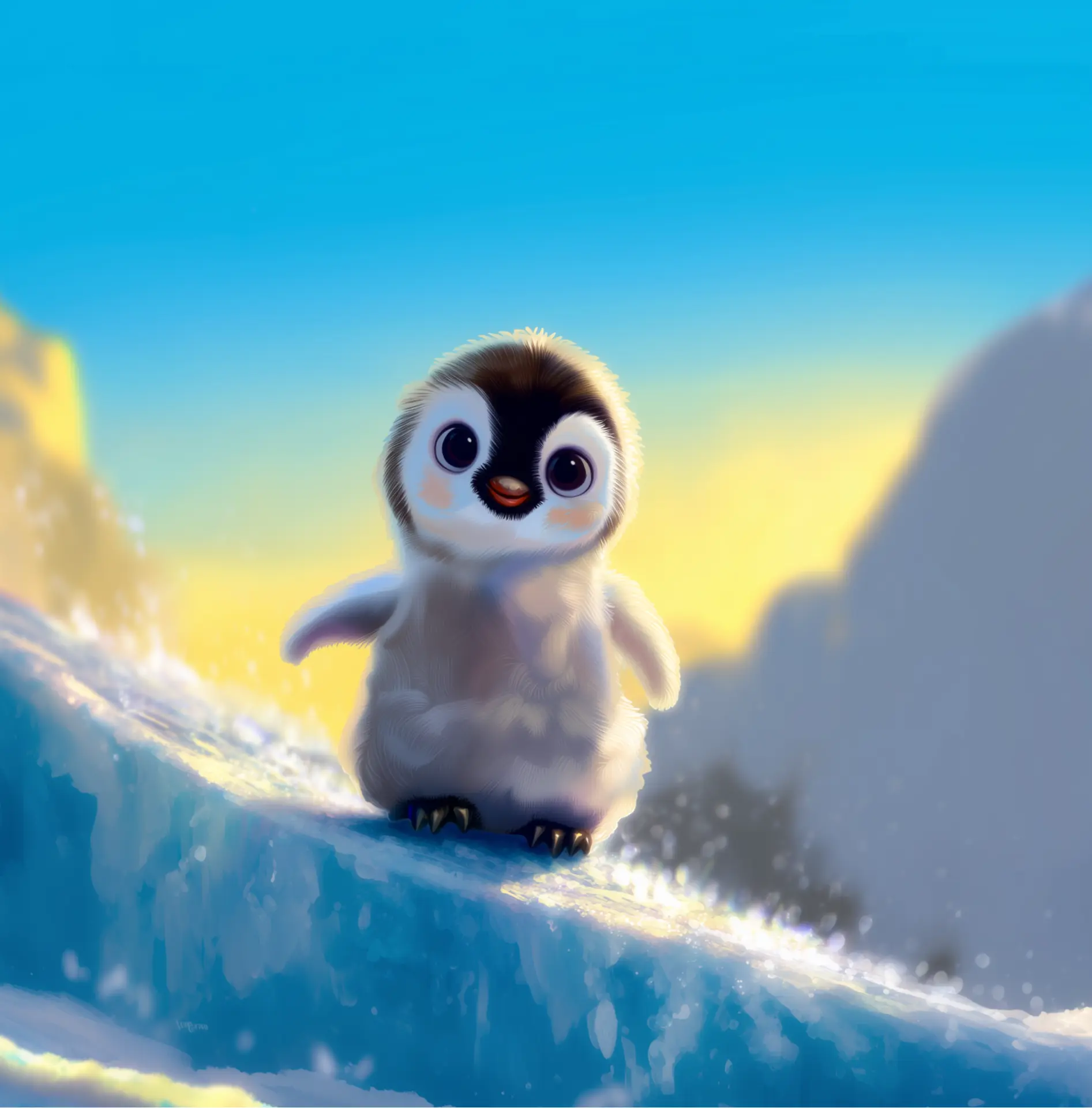 Skip the penguin chick standing on a snowy slope